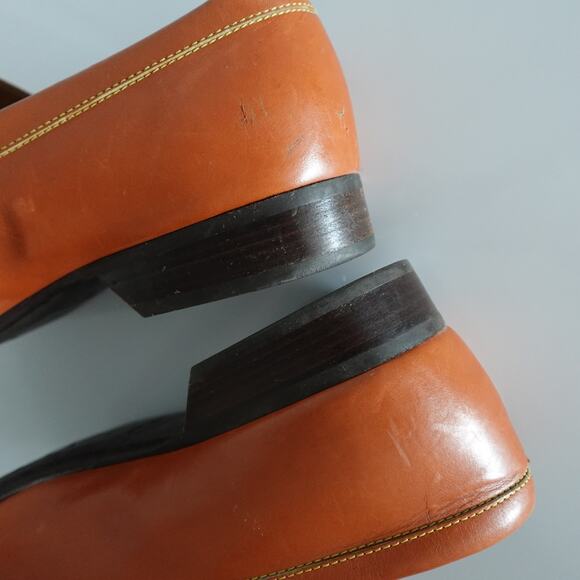 Louis Vuitton Tan Brown Orange Leather LV Gold Plaque Logo Square Toe Loafers - Picture 12 of 16